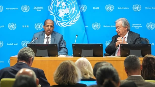 NEW YORK, UNITED STATES - NOVEMBER 12: UN Secretary-General Antonio Guterres (R) and Chairperson of the African Union Commission, Mahmoud Ali Youssouf (L) hold a press briefing on the 9th African UnionUnited Nations annual conference at UN Headquarters in New York City, United States on November 12,