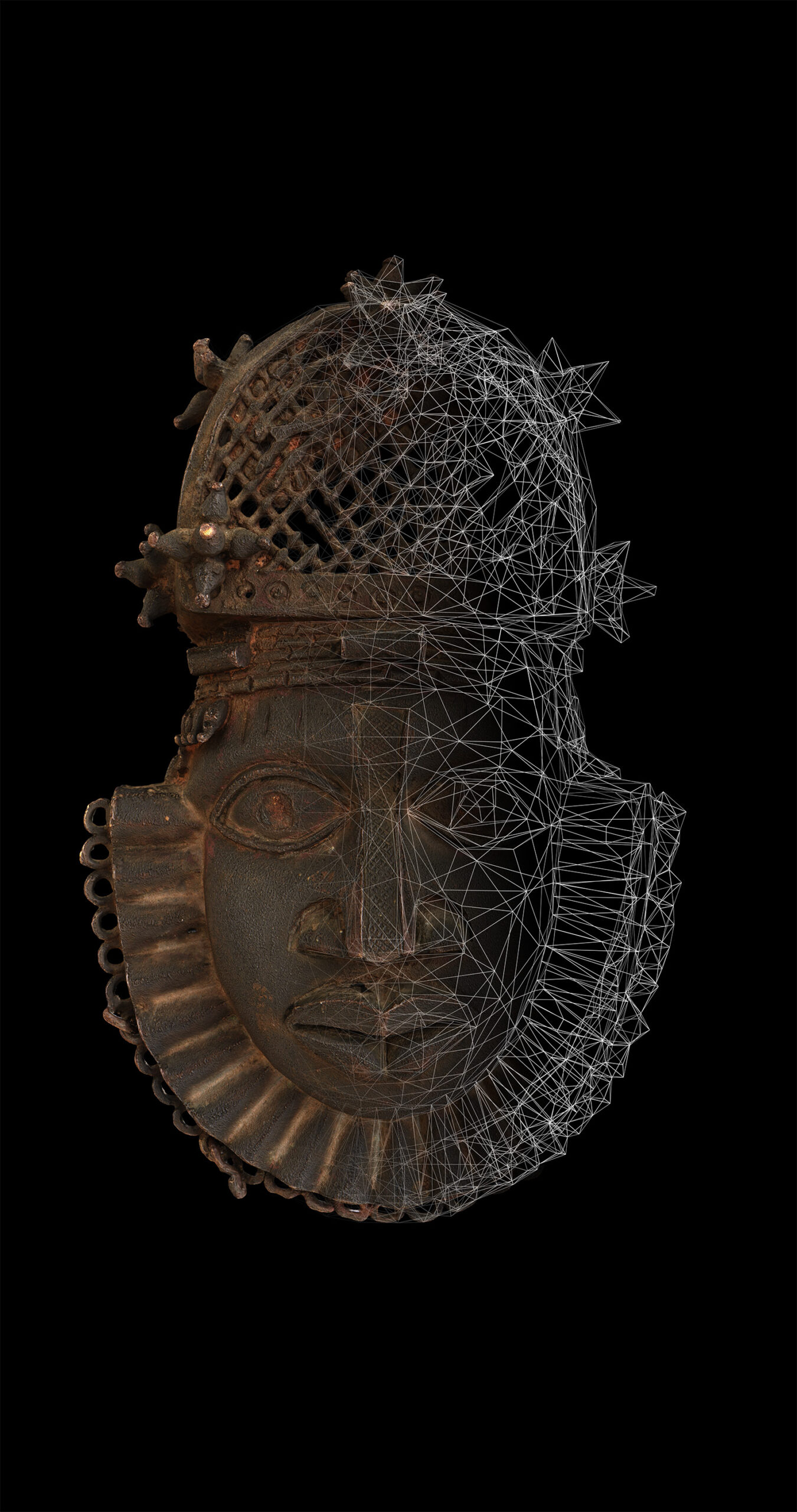 Visualization of the digital processing by means of polygon reduction of a belt mask from the Benin bronzes collection of the Museum Rietberg, Zurich.