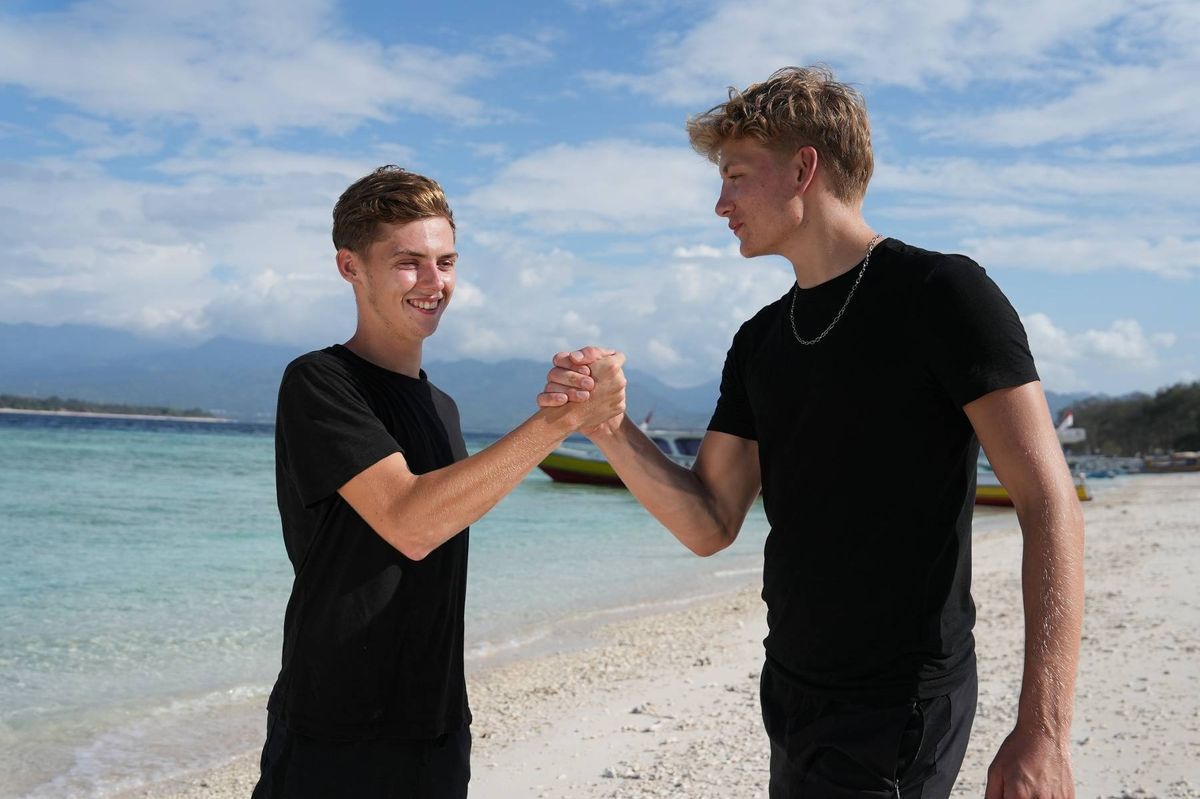 Alfie and Owen on a beach