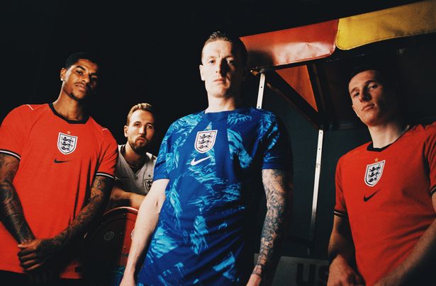 England players modelling the 2026 away and goalkeeper kits.