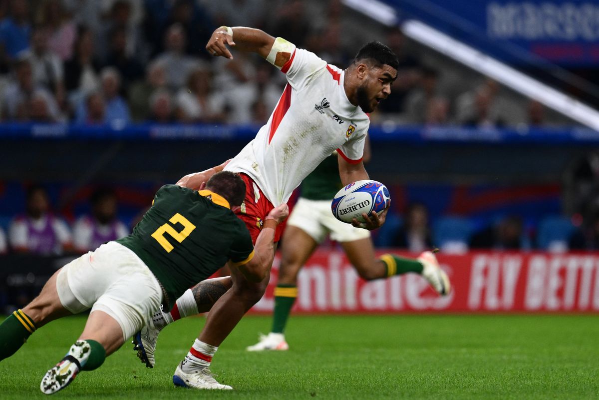 Tonga's wing Anzelo Tuitavuki during the World Cup match against South Africa