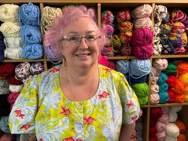 Rachael Hunt in the colourful Sew and Fabric shop
