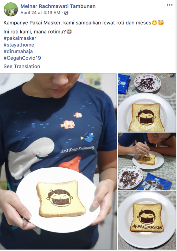 PakeMaskers Meinar Rachmawati Tambunan ... April 24 at 4:13 AM · O Kampanye Pakai Masker, kami sampaikan lewat roti dan meses e Ini roti kami, mana rotimu? e #pakaimasker #stayathome #dirumahaja #CegahCovid19 See Translation Just Keep Swimming, #PAKE MASKER Clothing Product Yellow