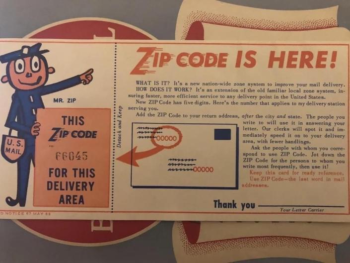 Card from cartoon mail carrier "Mr Zip" with "Zip code is here!" headline and explanation of what it is, "a new nation-wide zone system to improve your mail delivery" and a sample envelope showing where it should appear