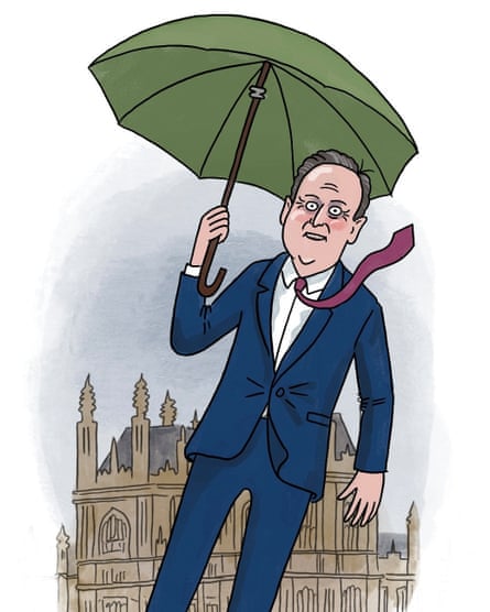 Illustration of David Cameron with an umbrella in the mode of Mary Poppins flying into Parliament.