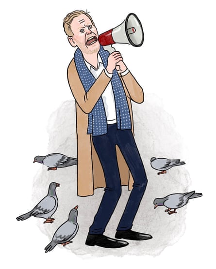 Illustration of Laruence Fox with a loud hailer surrounded by pigeons