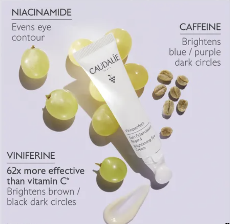 Vinoperfect Brightening Eye Cream in white packaging and pictured with grapes and coffee beans.