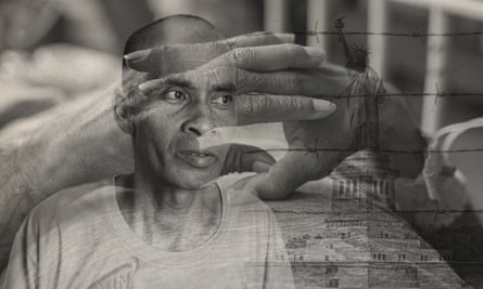 A black and white composite image of a man overlaid with clasped hands, barbed wire and the Statue of Liberty