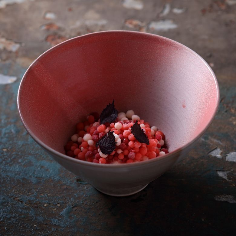 Minimal's -196°C Strawberry/Roselle/Cream dish was made with liquid nitrogen and ice crystals.