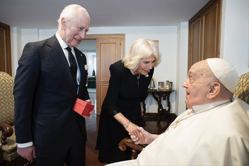 The King and Queen with Pope Francis in April (The Vatican/PA)