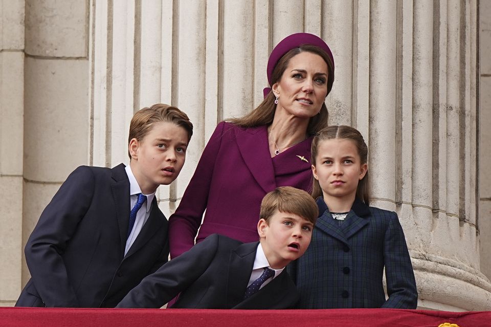 Prince George, Prince Louis, the Princess of Wales, and Princess Charlotte on the balcony of Buckingham Palace for the VE Day anniversary fly past (Aaron Chown/PA)