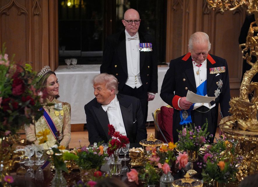 Donald Trump grins at the Princess of Wales as the King delivers his banquet speech (Yui Mok/PA)