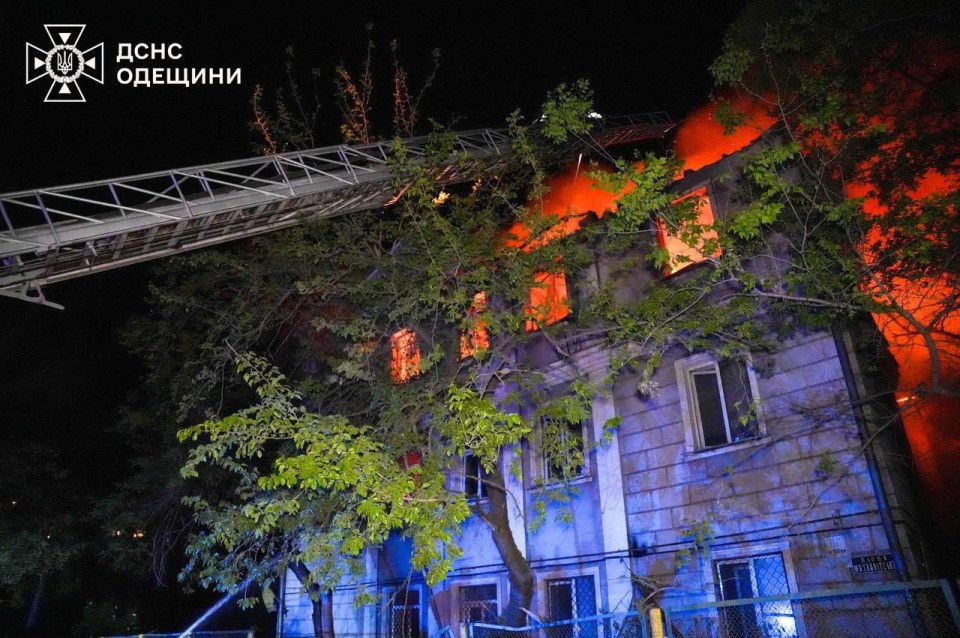 Firefighters battling a building fire in Odesa, Ukraine.