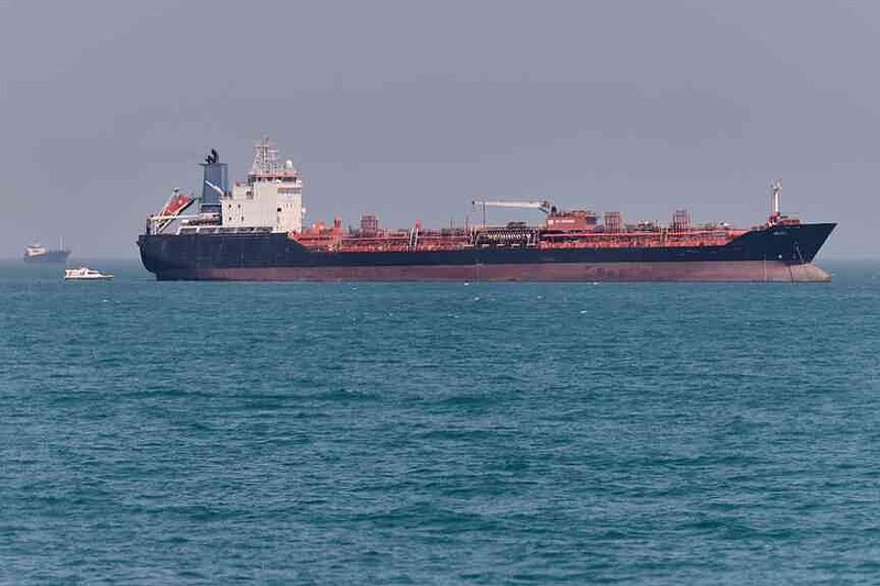 An oil tanker sits at anchor in the Strait of Hormuz off Bandar Abbas, Iran, Saturday, May 2, 2026.(Amirhosein Khorgooi/ISNA via AP)