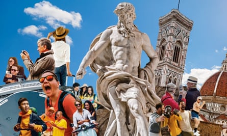 A composite image of tourists and tourist destinations