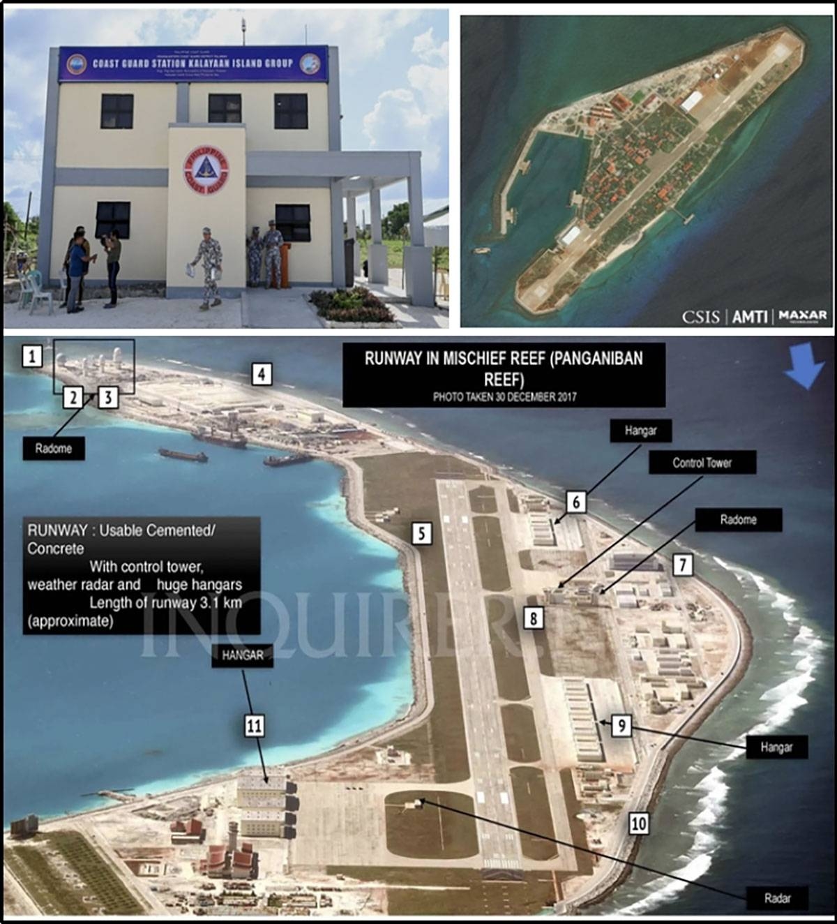 (Clockwise from top left) New Philippine structure at Pag-asa Island (2003); Vietnamese structures in Spratly Island; and Chinese facility at Mischief Reef, 20 km from Ayungin Shoal. PHOTOS FROM PCG, AMTI.CSIS.ORG