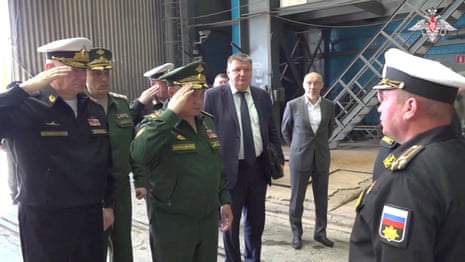In this still image from video published by the Russian defence ministry on 15 September, Shoigu visits a military plant in Primorsky region.