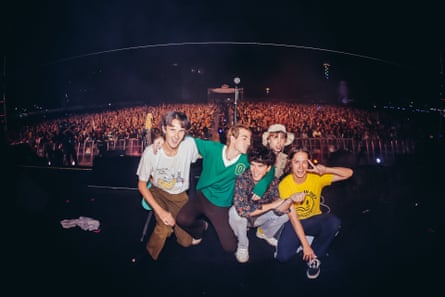 The UK band Swim Deep in front of a huge festival crowd in Guangzhou, 2019.