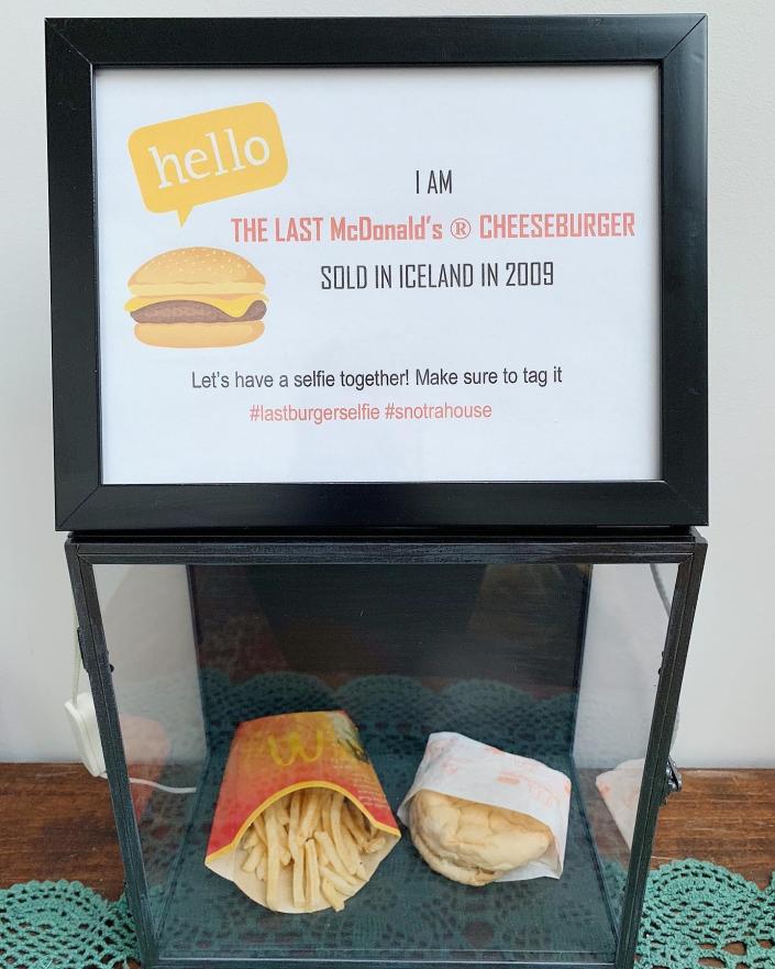 A burger and fries behind glass, with sign saying "The last McDonald's cheeseburger sold in Iceland in 2009"