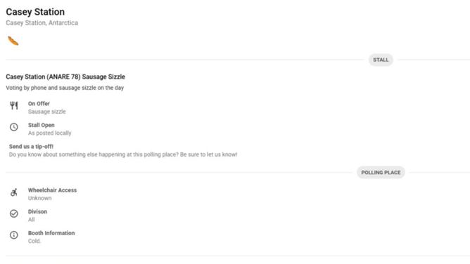 Voters attending the Casey Station polling booth in Antarctica are warned it will be cold. Picture: Democracy Sausage