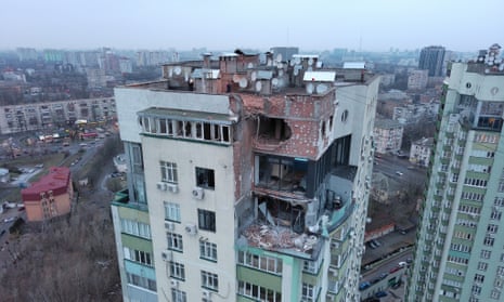 Apartments on the upper floors of a high-rise residential building in Solomyanskyi district lie heavily damaged by a kamikaze drone's fragment explosion.