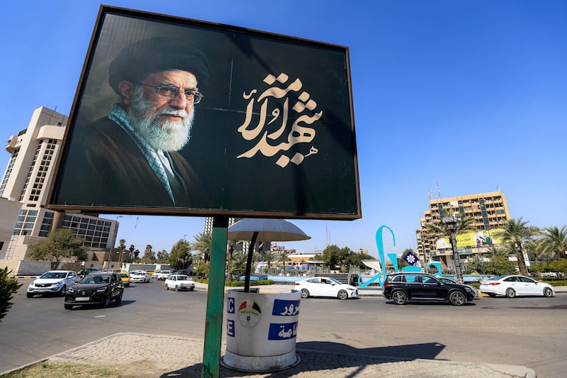 A billboard of Ayatollah Ali Khamenei, Iran's late supreme leader who was killed on February 28th in a US-Israeli strike in Tehran. Photograph: Ahmad Al-Rubaye AFP via Getty Images