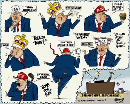 Pete Songi's cartoon on Donald Trump’s changing stances towards Iran – cartoon