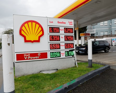 Prices listed on a digital display outside a Shell petrol station in California