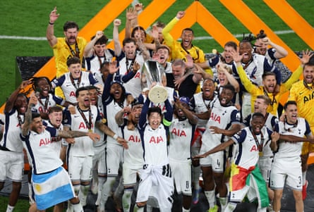 Son Heung-min leads the celebrations after hoisting the Europa League trophy