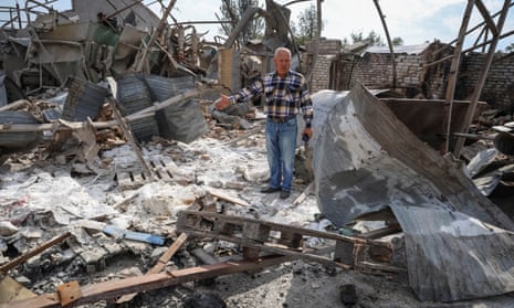 Ukrainian farmer Yakiv Marynchenko, 67, reacts near his crop storage that was destroyed last month by a Russian military strike, amid Russia's attack on Ukraine, near a frontline outside the town of Orikhiv in Zaporizhzhia region, Ukraine September 14, 2023. Photograph: Oleksandr Ratushniak/Reuters