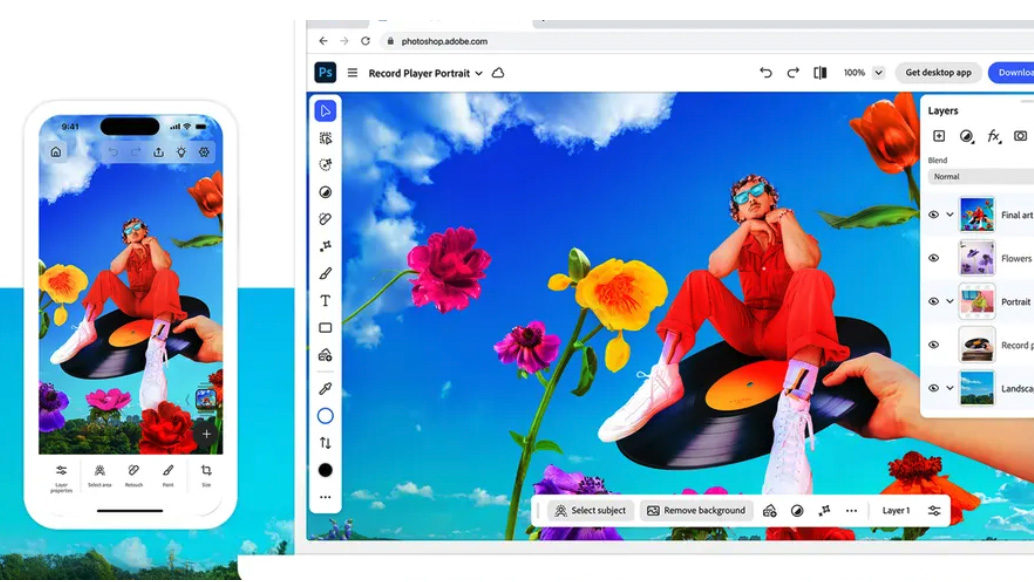 The interface of the Adobe Photoshop for mobile app, edits of a model against a blue sky