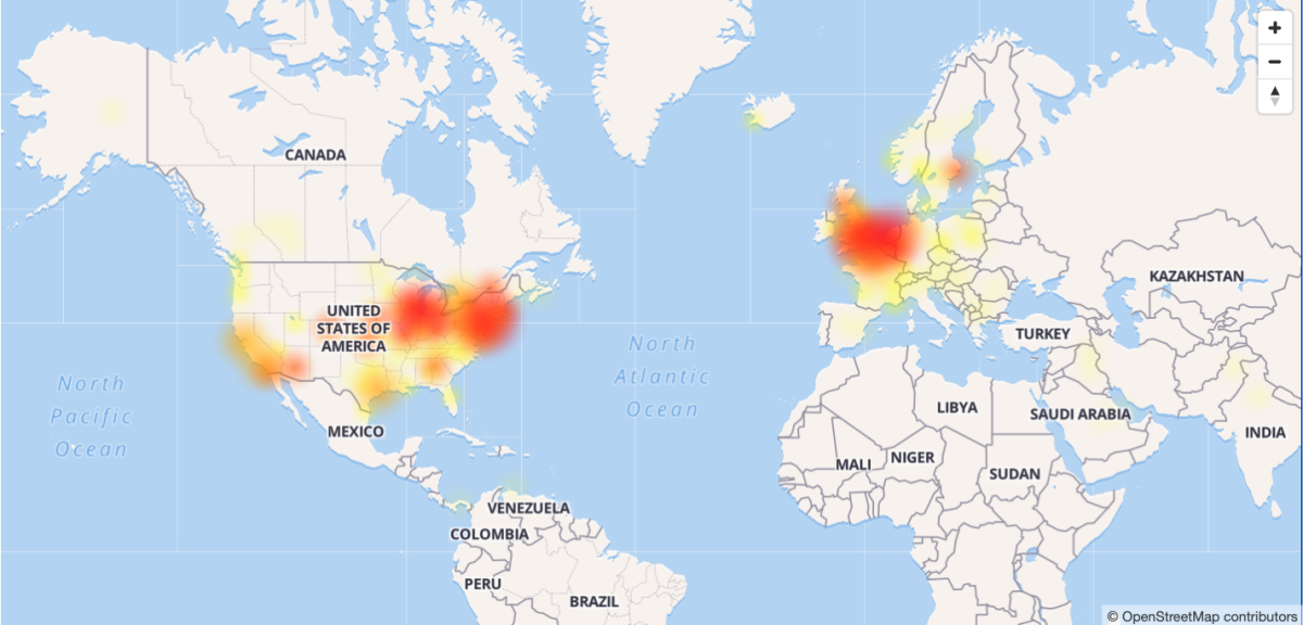 A map of Down Detector outage reports for Snapchat as of 5:50 pm ET on Monday.