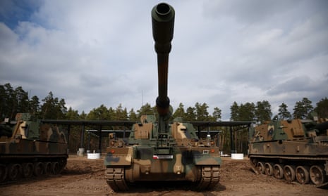 K9 howitzers delivered to Poland from Ukraine at a military range in Wierzbiny near Orzysz, Poland.