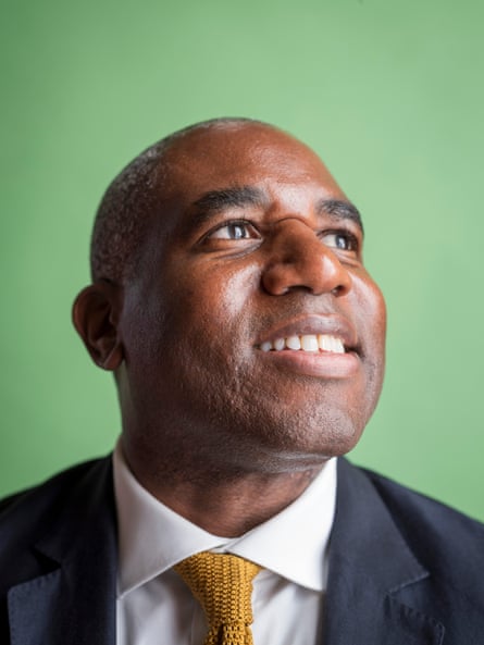 Close-up portrait of David Lammy against a green background and wearing a dark suit, white shirt and yellow tie