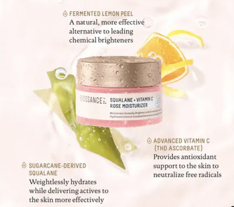 Sephora Exclusive: Biossance Squalane + Vitamin C Rose Moisturizer in pink packaging and pictured with sugarcane and orange