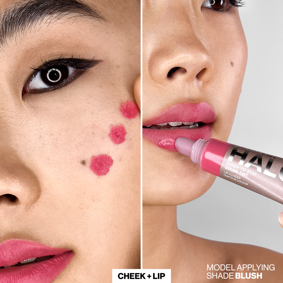 A split-screen of an Asian model wearing Smashbox Halo Sheer To Stay on both cheeks and lips. 