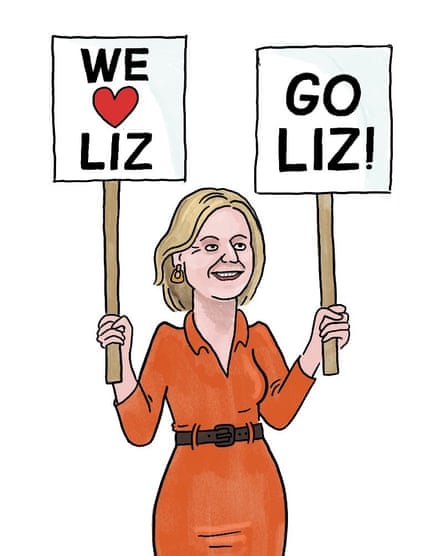 Illustration of Liz Truss holding placards saying “We love Liz” and “Go Liz”