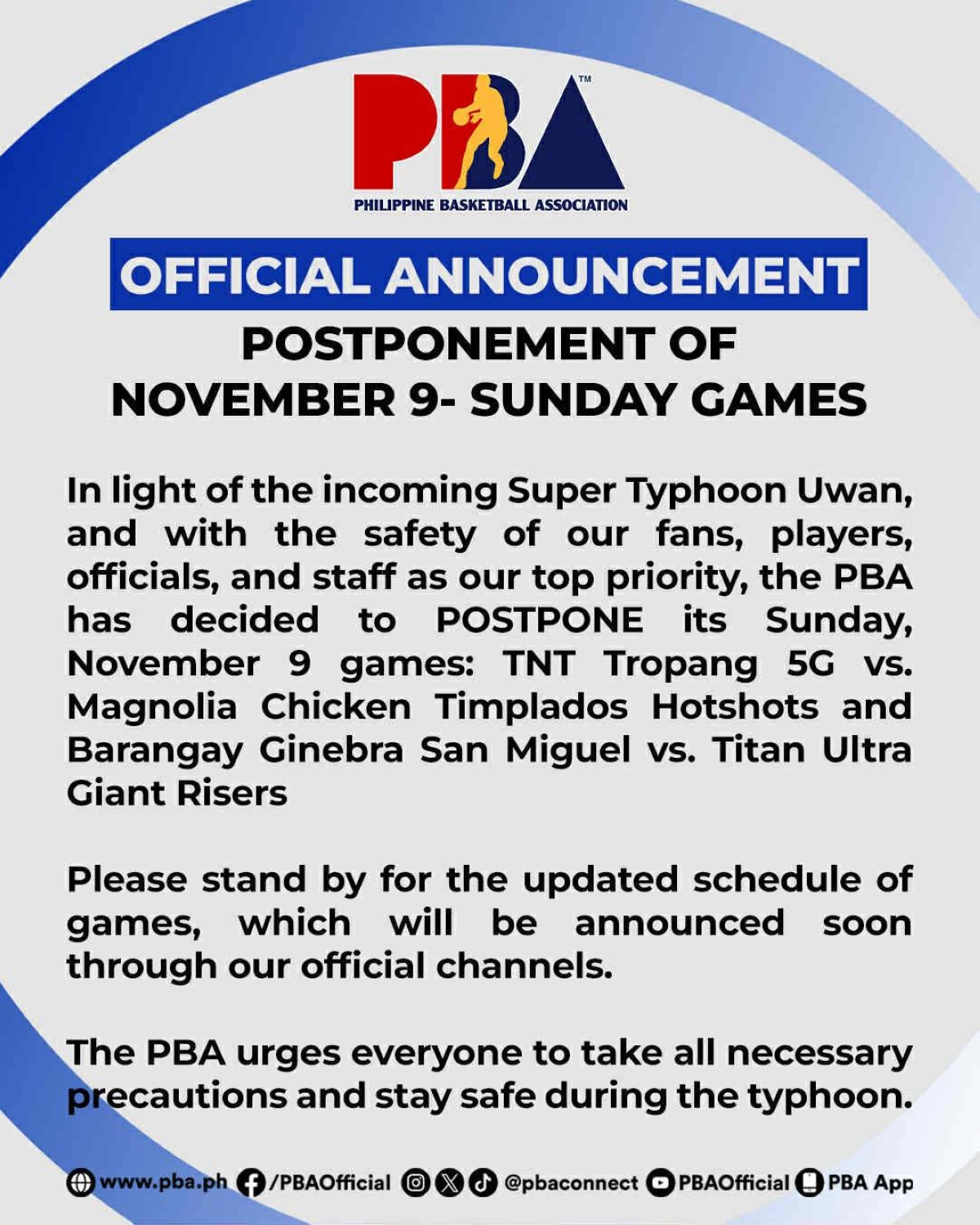 PBA postpones Sunday twin bill due to super typhoon Uwan
