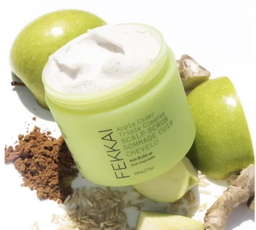Fekkai Apple Cider Triple Cleanse Scalp Scrub with its ingredients such as green apple, grind coffee powder and ginger 