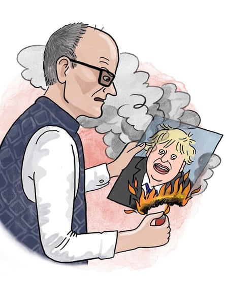 Illustration of Dominic Cummings burning a photograph of Boris Johnson