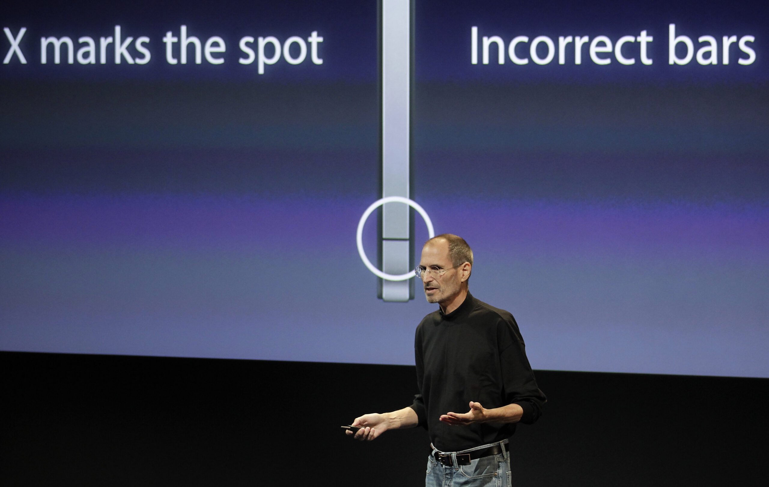 Steve Jobs, chief executive officer of Apple Inc., talks about the Apple iPhone 4 at a news conference in Cupertino, California, U.S., on Friday, July 16, 2010. Apple announced a free "bumper" to owners of the iPhone4 to help with antenna issues. Photographer: Tony Avelar/Bloomberg