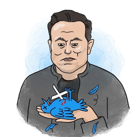 Illustration of Elon Musk with a dead blue bird in his hand. The bird has an X in its chest