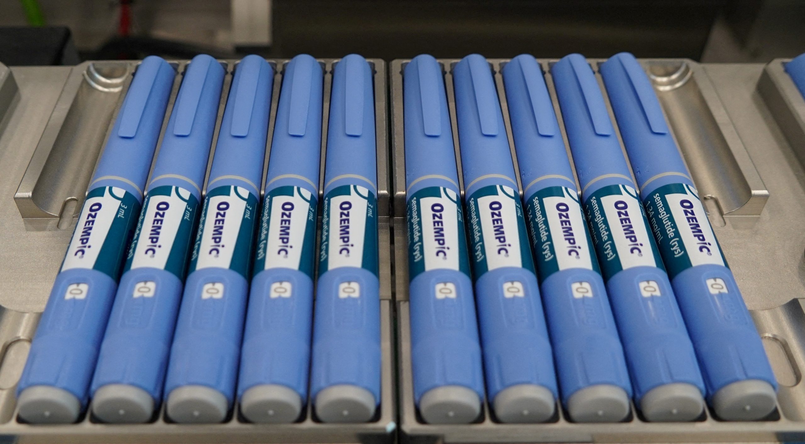 Ozempic pens sit on a production line at Novo Nordisk's site in Hillerod, Denmark