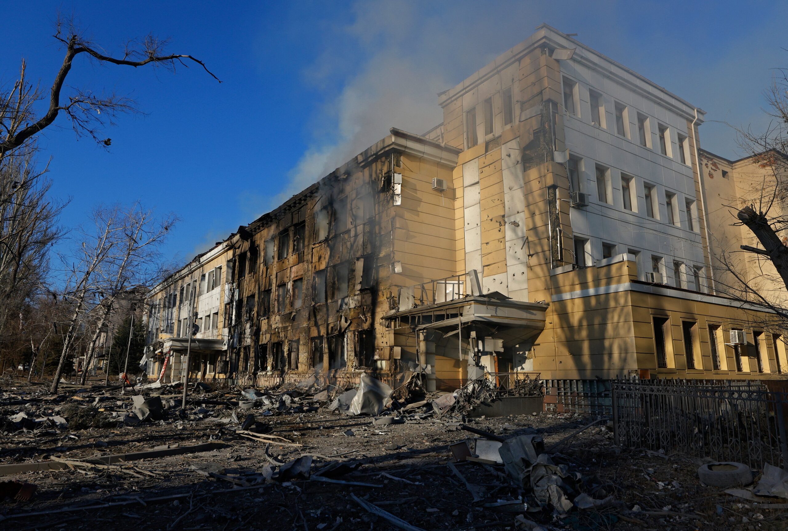 A building of a children's hospital, damaged by recent shelling that local Russian-installed authorities called a Ukrainian military strike, while the hospital was under maintenance with no patients inside, in the course of the Russia-Ukraine military conflict in Donetsk