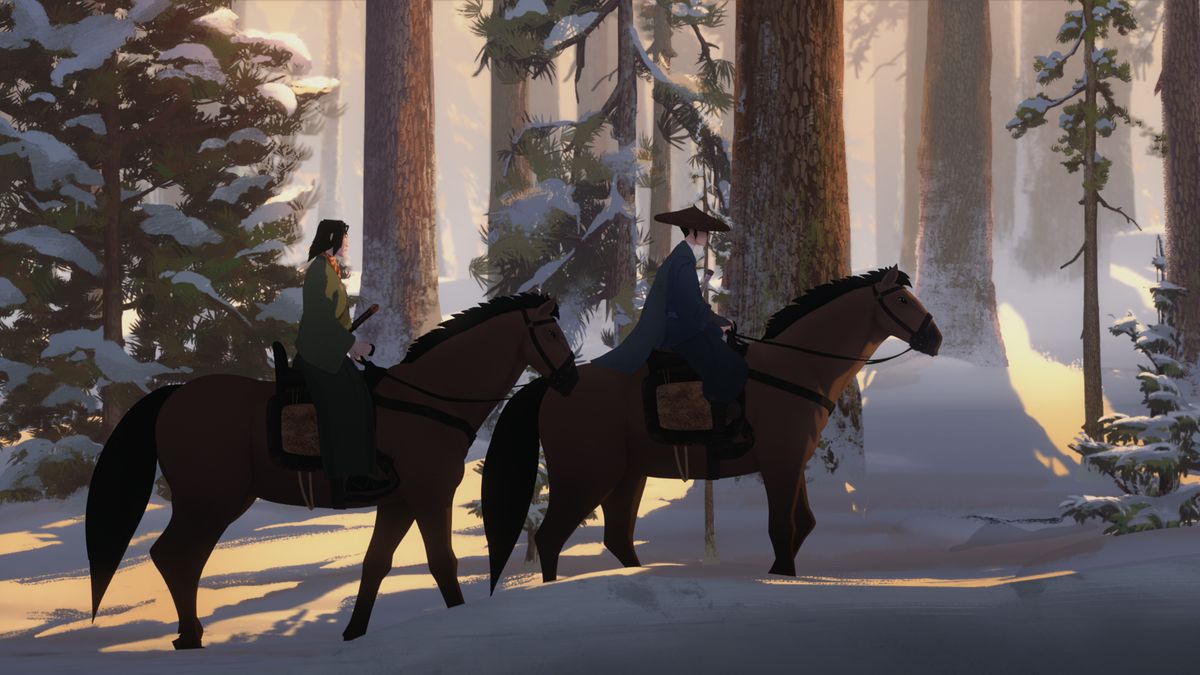 Two people on horseback in a snowy wood.