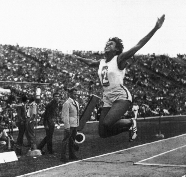 Willye White of Chicago was a surprise winner with a 21 feet, 3/4 inch leap in the broad jump in women's competition at the U.S.-Poland track and field meet at Warsaw, Poland on July 27, 1963. The U.S. women made their best showing ever against Poland but lost 58-47. (AP)