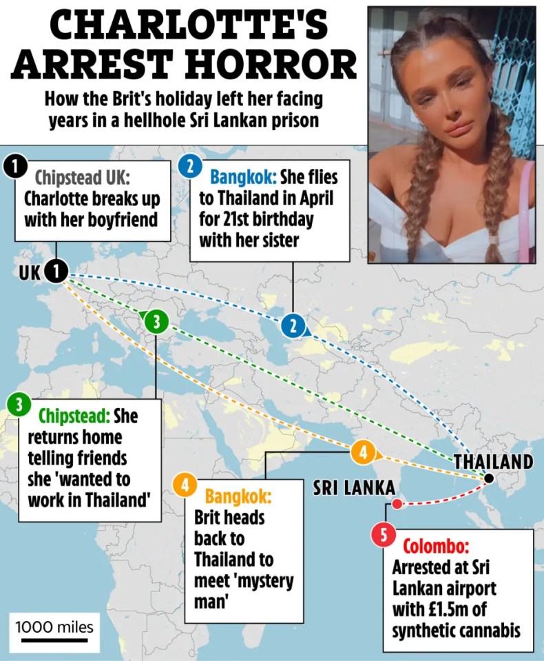 Illustration of a woman's travel route and arrest, showing locations and details of her journey.