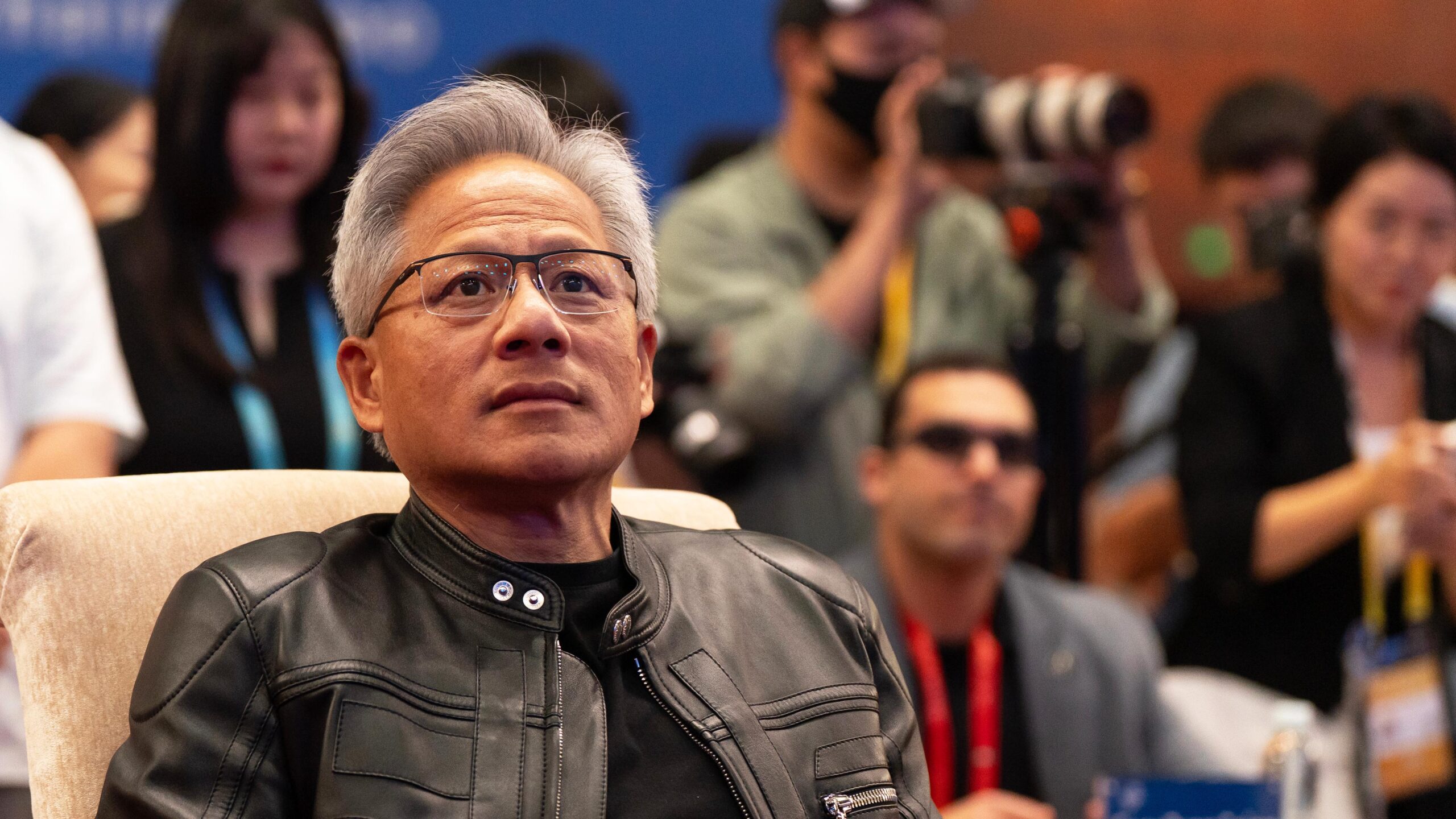 Jensen Huang, chief executive officer of Nvidia Corp., during the China International Supply Chain Expo in Beijing, China, on Thursday, July 17, 2025. Huang lauded DeepSeek and China's other contributions to AI research as he met with political and tech leaders in Beijing. Photographer: Andrea Verdelli/Bloomberg via Getty Images
