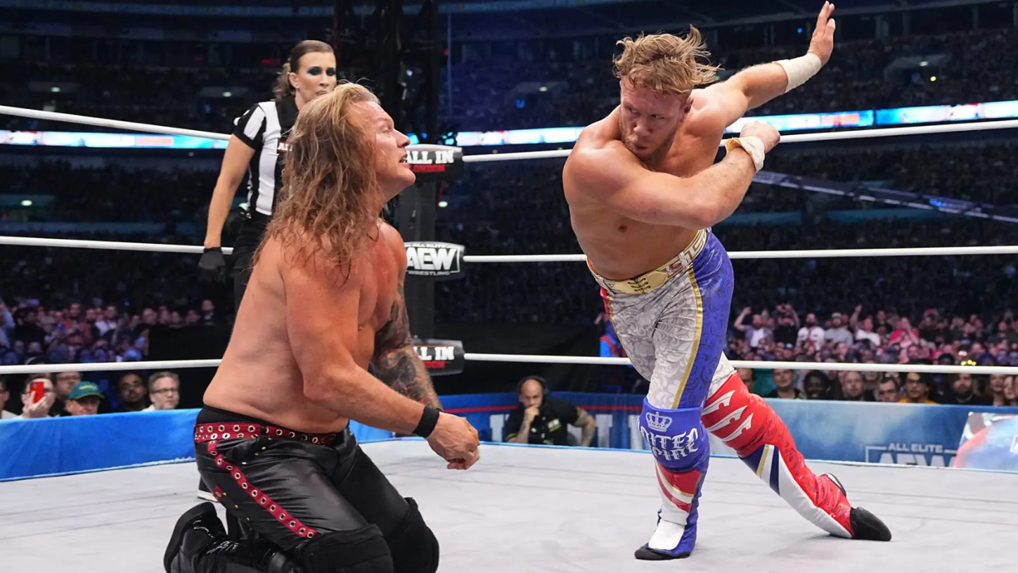 Will Ospreay prepares to land a Hidden Blade on Chris Jericho