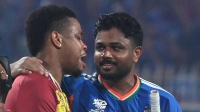 Shimron Hetmyer hugs Sanju Samson. (Hindustan Times) Shimron Hetmyer hugs Sanju Samson. (Hindustan Times)